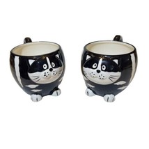 Pier 1 Imports Mugs 16oz Chubby Cat Hand-painted Black White Coffee Tea  Set #2 - £21.27 GBP