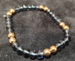 Blue and Gold Toned Beaded Stretch Bracelet - £3.20 GBP