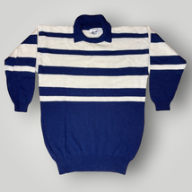 Vintage Striped Sweater Blue Cream Wool Blend M Collared Oversized Soft - £34.76 GBP