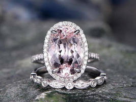 2.5Ct Oval Cut Peach Morganite &amp; Diamond Wedding Ring Set 14K White Gold Finish  - £69.50 GBP