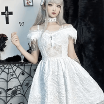 Wicked Silk Sweet Lolita White Lace Dress w/ cross Detail Size L - $49.00