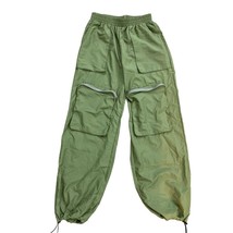 Women&#39;s Olive Green Cargo Pants Elastic Waist Zip Pockets Wide-Leg S - £10.90 GBP