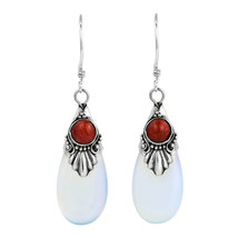 Gorgeous Moonstone Teardrop Red Coral Sterling Silver Earrings - £17.83 GBP