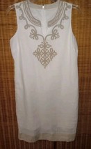 Charter Club  Linen Dress 8P White/Taupe Applique Front Sleeveless Lined - £16.74 GBP