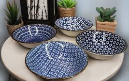 Made In Japan Pack Of 4 Geometry Blue White Pattern Ceramic Rice Meal So... - $36.99