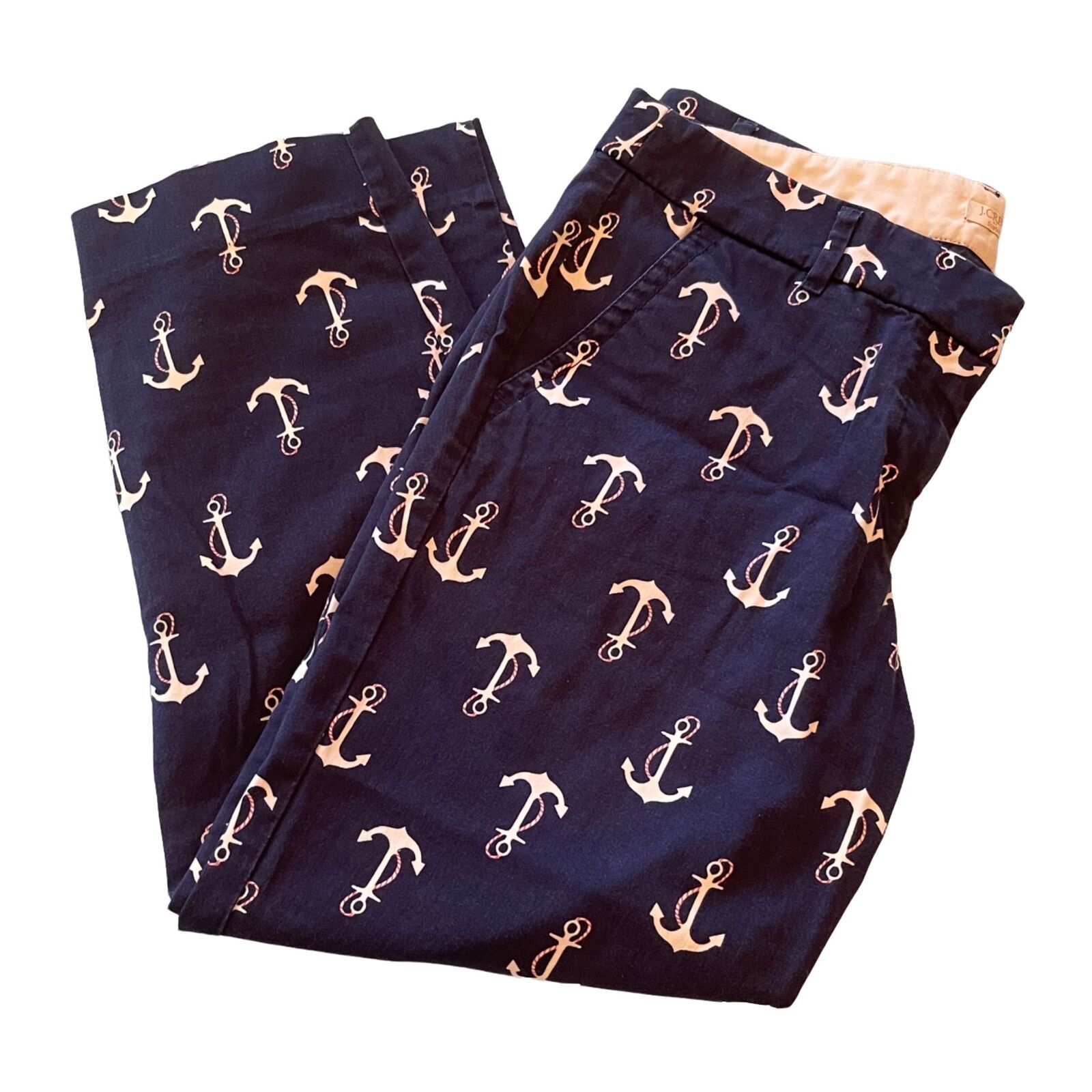 Primary image for J Crew Women's Capris Pants Size 6 White Anchor Pattern on Navy Blue