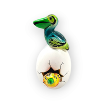Hatched Egg Pottery Bird Green Pelican Yellow Parrot Mexico Hand Painted 276 - £11.72 GBP