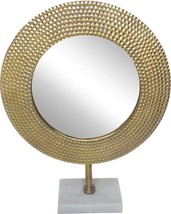 Benjara Hammered Metal Encased Round Tabletop Mirror Marble Base Gold Wh... - $112.86