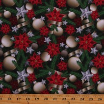 Cotton Christmas Poinsettias Flowers Tree Red Green Fabric Print by Yard D40735 - £10.35 GBP