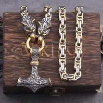 Wolf Head Norse Viking Amulet Thor Hammer Pendant Necklace Gold King Men&#39;s Chain - £30.59 GBP+
