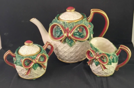 Fitz and Floyd &quot;Holiday Leaves&quot; Teapot, Sugar Bowl And Creamer Set, Mint... - $71.28