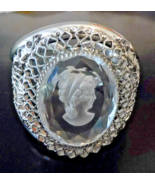 WHITING &amp; DAVIS Large Cameo Bracelet Clear Intaglio Hinged Clamper Silve... - $74.95