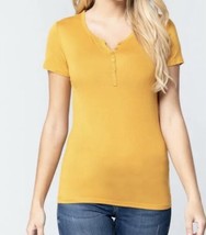 Mustard Yellow Short Sleeve Henley Top Medium Button Stretch Blouse Thin... - $23.75