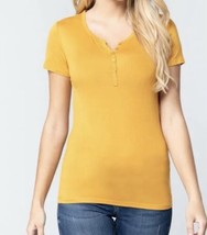 Mustard Yellow Short Sleeve Henley Top Medium Button Stretch Blouse Thin... - £18.98 GBP