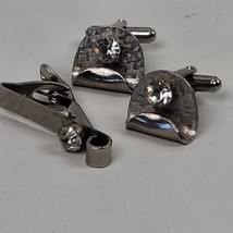 Vintage Mid Century Style Cuff Links &amp; Tie Clip Silver Tone w/ Faux Diamonds - £15.38 GBP