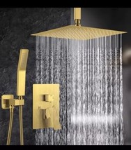 Shower Faucet Set Brushed Gold Ceiling12&quot; Rain Head Combo Kit System Mixer Valve - £13.96 GBP