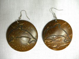 Oc EAN Jumping Dolphin Laser Cut Design Brown Coconut Shell Earrings - £4.69 GBP