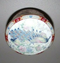 Vintage Japan Round Porcelain Trinket Box Peacocks &amp; Flowers - £14.64 GBP