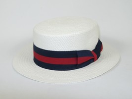 Men's Bruno Capelo Boater Natural Straw Flat Crown Hat BC631 White/Red/Blue image 4