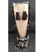 Necklace &amp; Earrings Set Black Beadwork Silver Fittings Ethnic Harley-Dav... - $12.00