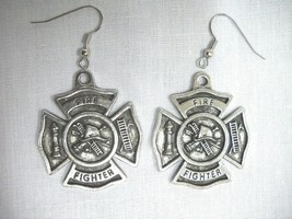 Fire Fighter Shield Hook &amp; Ladder Hydrant Halligan Tool Pewter Pendant Earrings - £15.89 GBP