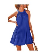 Women&#39;S Cute Halter Neck Sleeveless Mini Dress Solid Color Flowy Pleated... - £54.36 GBP