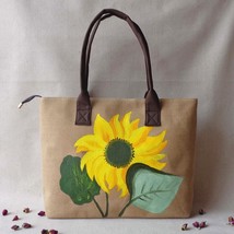 Veowalk Sunflower Hand Painted Women Linen Totes Bag Handmade Large Capacity Lad - £30.35 GBP