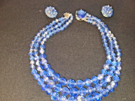 Vintage Vogue Necklace Earrings Set Multi Strand Beads Faceted Ab Blue Jewelry - £53.98 GBP