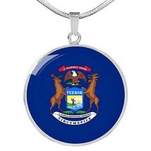 Express Your Love Gifts Michigan State Flag Necklace Engraved 18k Gold Circle Pe - £54.23 GBP