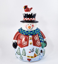 Home Interiors Snowman Cookie Jar Canister Red Bird on Lid 2003 - $34.99