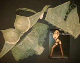 Victoria&#39;s Secret 32B Bombshell Bra Set+S Bralette Olive Green Lace Beige Tan - £79.14 GBP