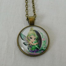 Fairy in Teacup Green Blonde Bronze Tone Cabochon Pendant Chain Necklace Round - £2.39 GBP