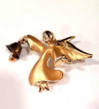 Vintage Guardian Angel Signed GIUSTI  Brooch Pin Crystal Bell  Brushed Goldtone - £9.16 GBP