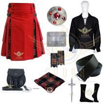 Men&#39;s Scottish Black Stewart Tartan &amp; Red Cotton Hybrid Utility Kilt Dea... - £93.62 GBP