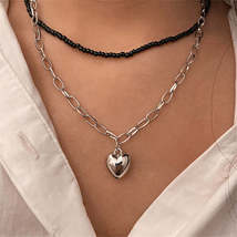 Black Howlite &amp; Silver-Plated Heart Pendant Necklace Set - £10.22 GBP