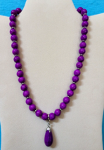 Purple Howlite Bead Necklace with Drop Pendant 18-20 Inches in Silvertone 263ctw - £9.73 GBP