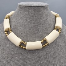 Vtg Trifari Necklace Chunky Cream Acrylic Panel Beads Gold Tone Metal 18&quot; - $54.74 CAD