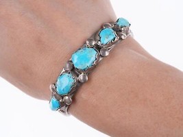 6 3/8&quot; 40&#39;s-50&#39;s Zuni Silver and carved turquoise row cuff bracelet - £368.81 GBP