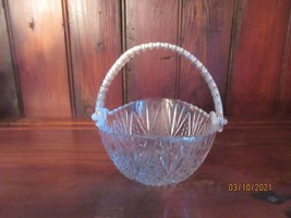 CLEAR GLASS CRYSTAL LOOK BASKET WITH PLASTIC HANDLE THAT FOLDS DOWN - $7.70