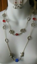 Vintage Silver-tone Chain Blue/Red Czech Glass Nautical Necklace &amp; Earrings Set - £43.47 GBP