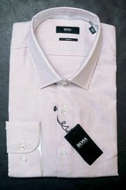 HUGO BOSS Uomo Jesse Slim Fit Rosa Scuro a Righe Cotone Camicia 38 15 - £50.67 GBP