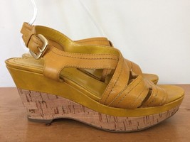Franco Sarto Sophie Mustard Yellow Leather Cork Wedge Slingback Sandals 7 37.5 - £23.97 GBP