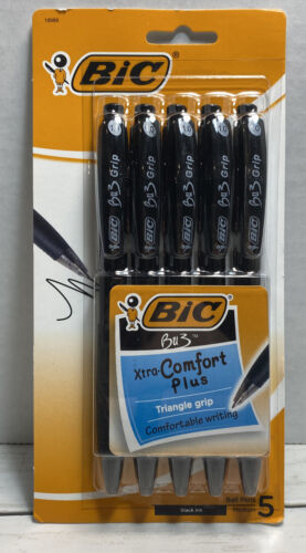 Bic Bu3 Round Stick Grip Ball Black Pen 5 Count New In Package - £11.70 GBP