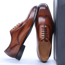 Wooden Brown Patina Lace Up Handmade Oxford Real Leather Wingtip Formal Shoes - £115.82 GBP