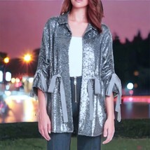 $595 Cinq a Sept Sequin Holiday Jacket X Small Gray Grosgrain Ribbons Drawstring - £1,249.69 GBP