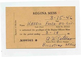 Regina Officers Mess Privileges Card 1946 Regina Saskatchewan Canada - £21.79 GBP