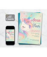Editable Unicorn Birthday Invitation: Pastel Rainbow Canva Template - $91.03 MXN