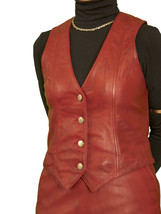 Western Button Vest Coat Red Jacket Women Lambskin Leather Classic Waist... - £84.78 GBP