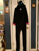 Vintage PJ Couture Size M Long Sleeve Footed &amp; Hooded Black Cat Zip Pajamas - £10.38 GBP