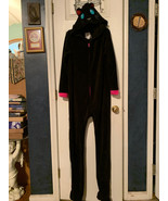 Vintage PJ Couture Size M Long Sleeve Footed &amp; Hooded Black Cat Zip Pajamas - £10.19 GBP